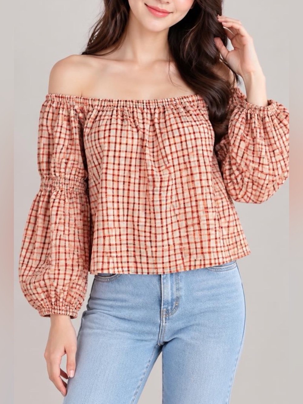 Topshop Womens Off Shoulder Top Sz 10 Seersucker Elastic Wrist-Arm Plaid Pink